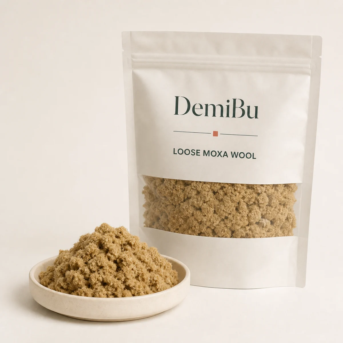 Loose Moxa Wool by Grade & Pack Weight shown as a private-label packaging illustration