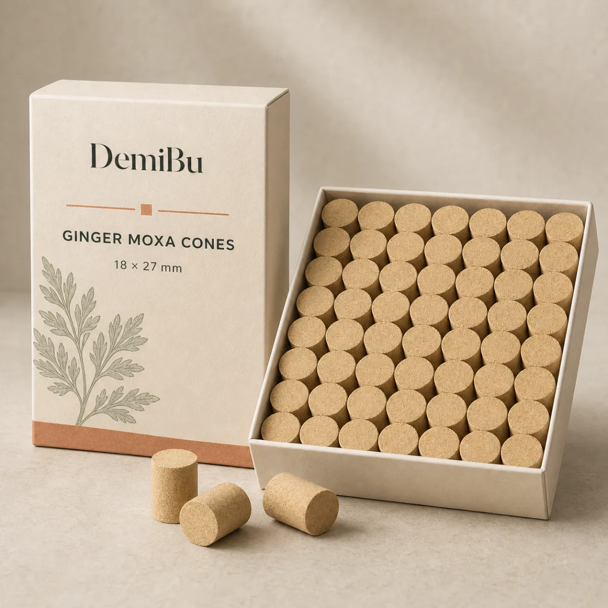 Ginger-Blend Moxa Cones for Private Label shown as a DemiBu private-label visualization based on a source product reference