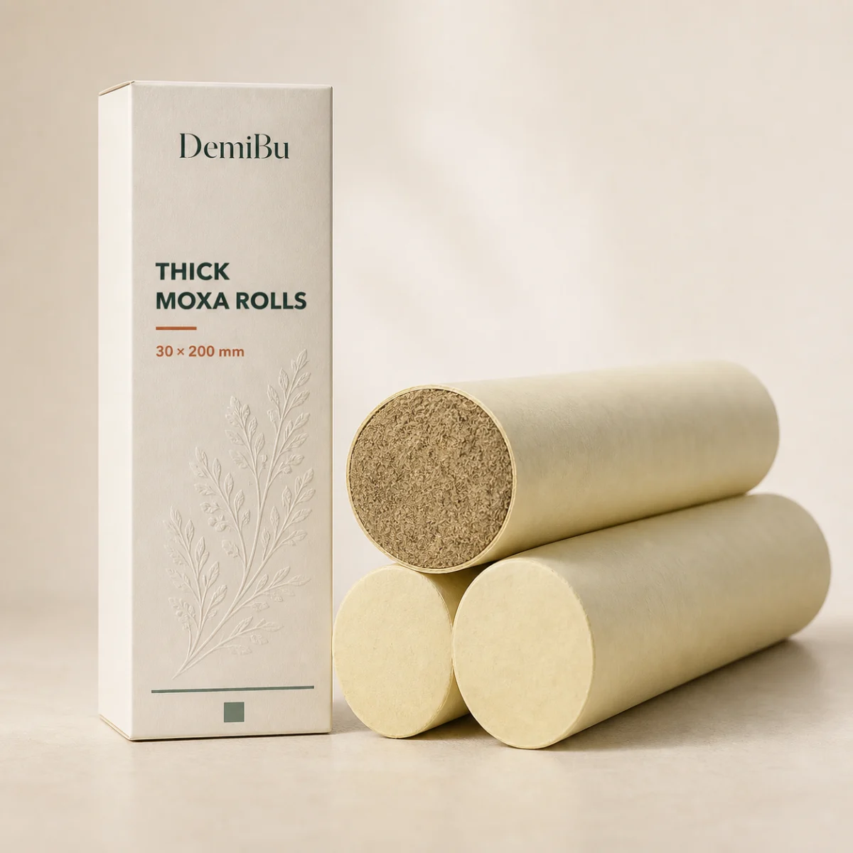 30 mm Stone-Milled Moxa Rolls shown as a DemiBu private-label visualization based on a source product reference