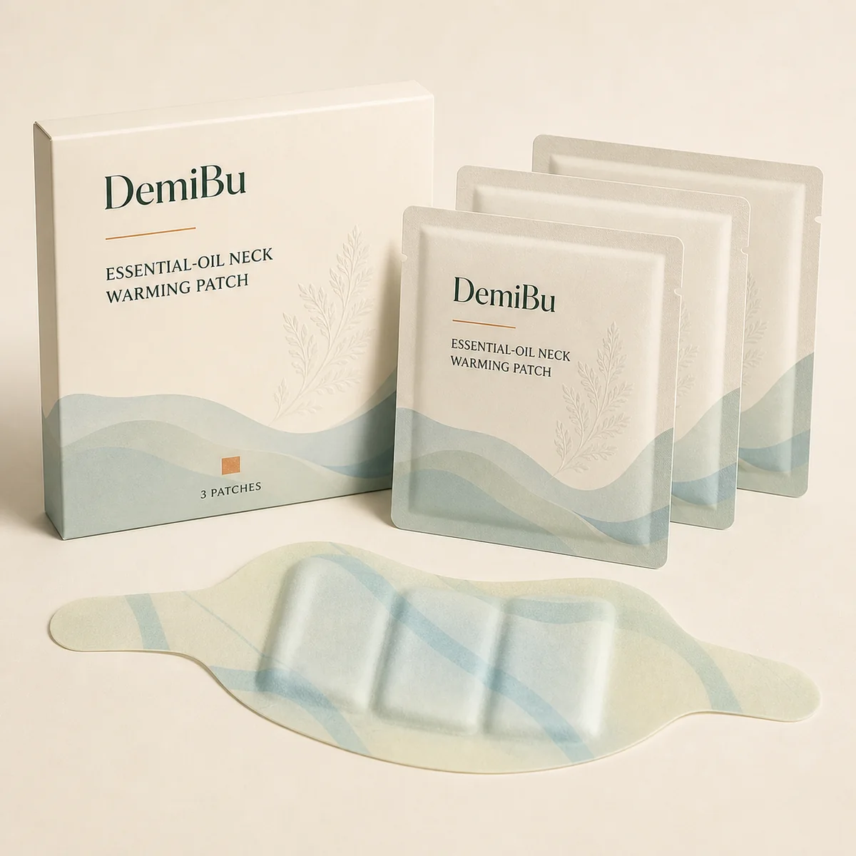 Essential-Oil Neck Warming Patches shown as a DemiBu private-label visualization based on a source product reference