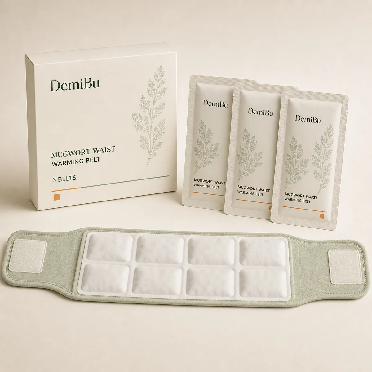 Botanical Waist Warming Belts shown as a private-label packaging illustration