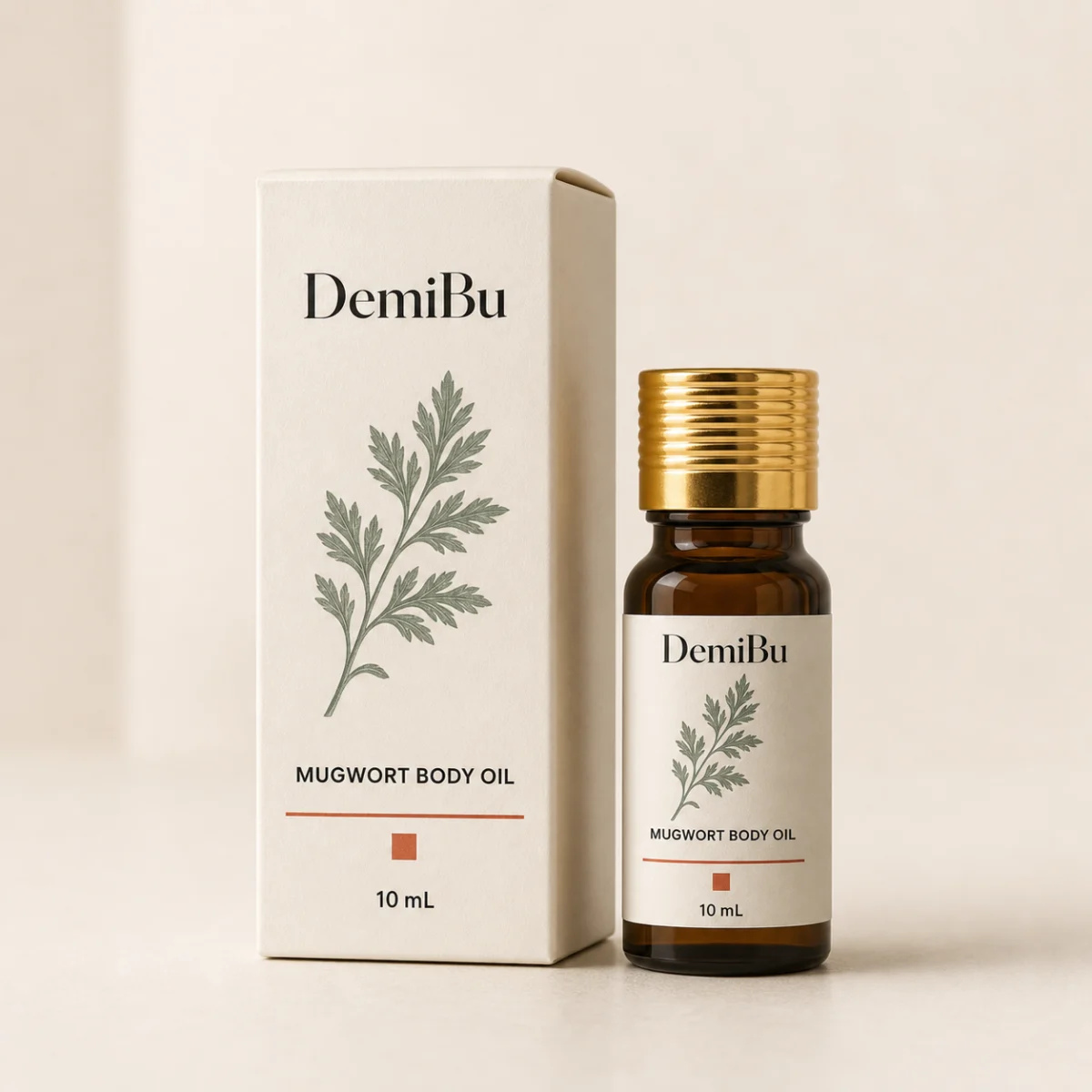10 ml Mugwort Body Oil Trial Size shown as a DemiBu private-label visualization based on a source product reference