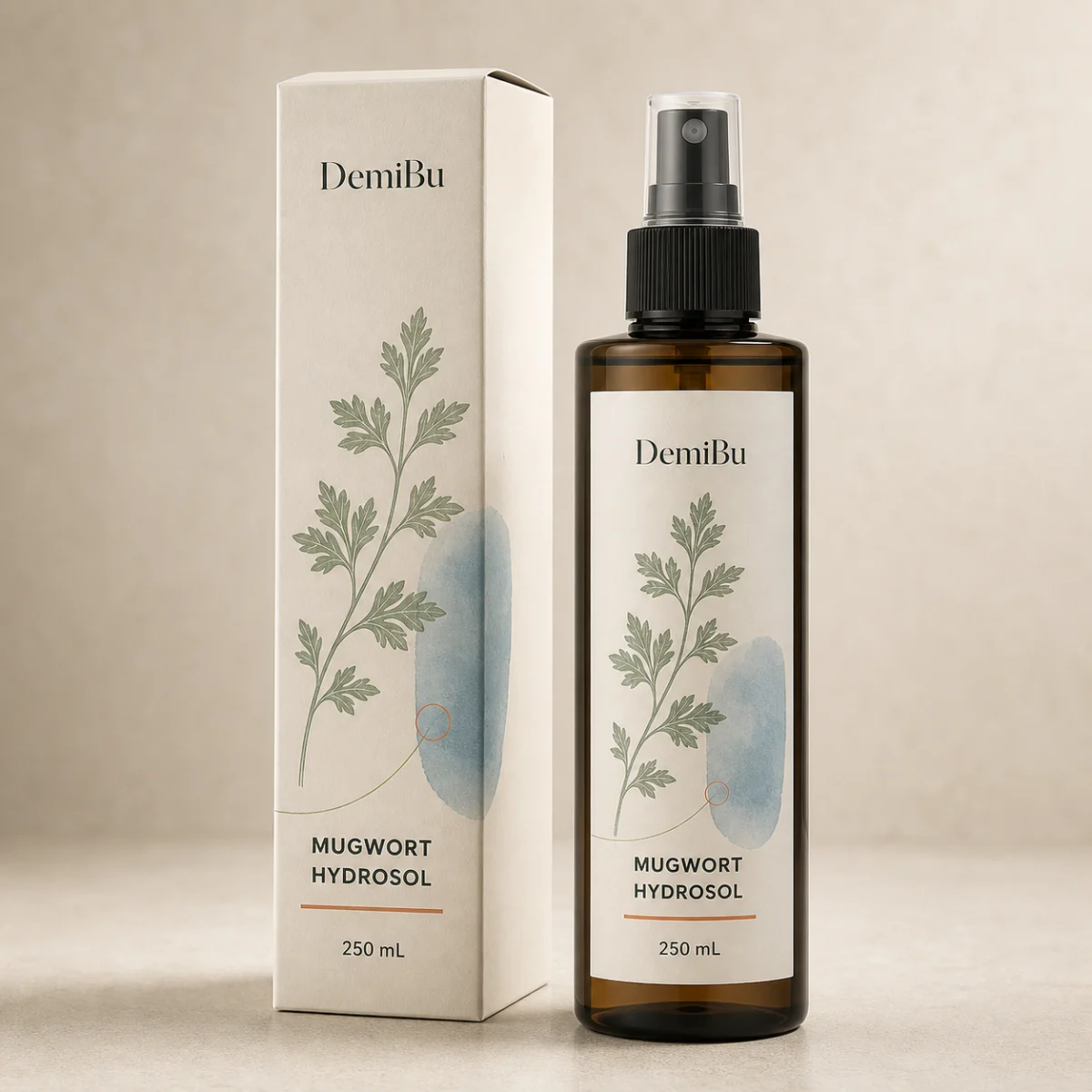 250 ml Mugwort Hydrosol Professional Size shown as a DemiBu private-label visualization based on a source product reference