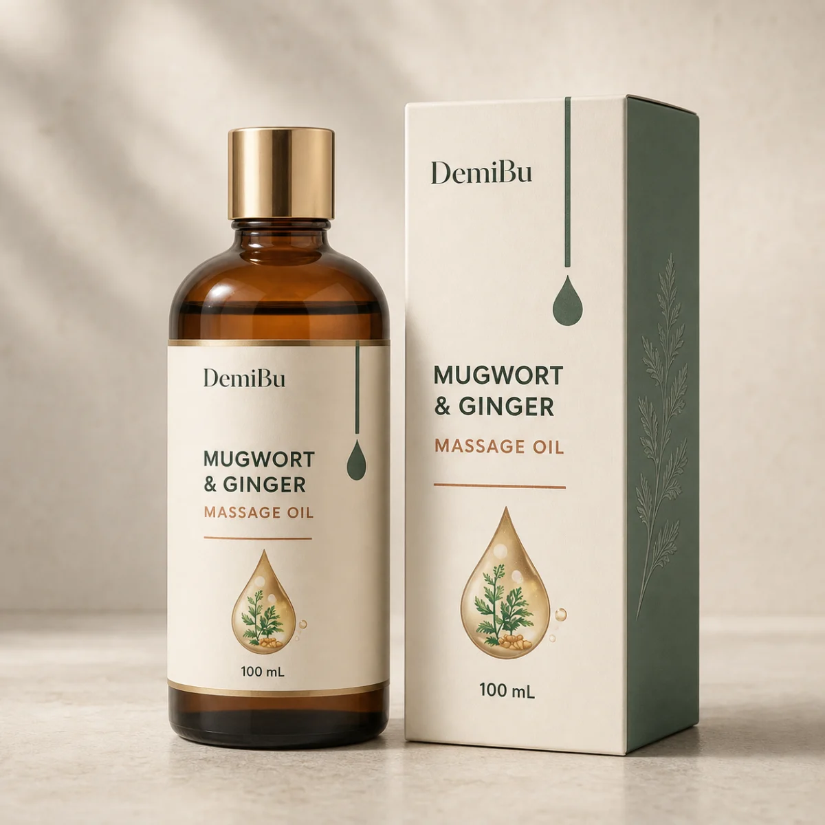100 ml Mugwort & Ginger Massage Oil shown as a DemiBu private-label visualization based on a source product reference