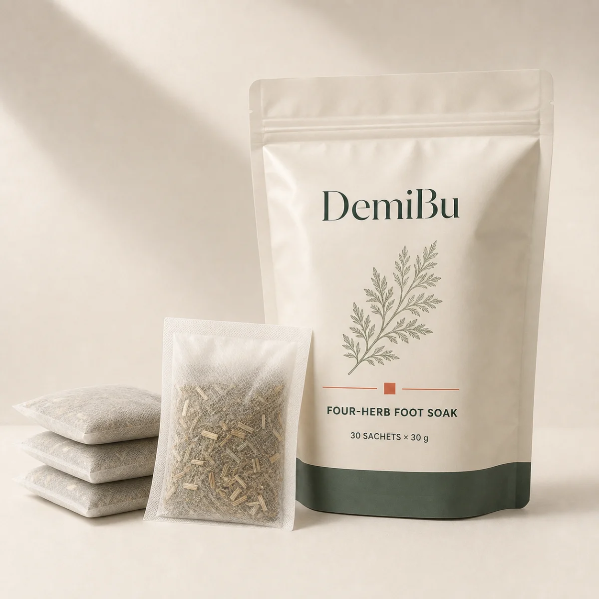 Four-Botanical Foot Bath Sachets shown as a DemiBu private-label visualization based on a source product reference