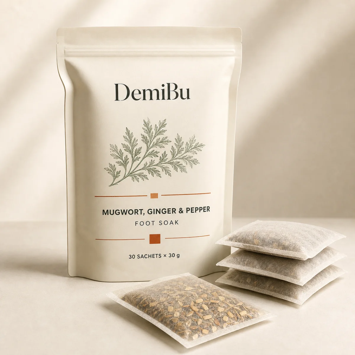 Mugwort, Ginger & Sichuan Pepper Foot Soak shown as a DemiBu private-label visualization based on a source product reference