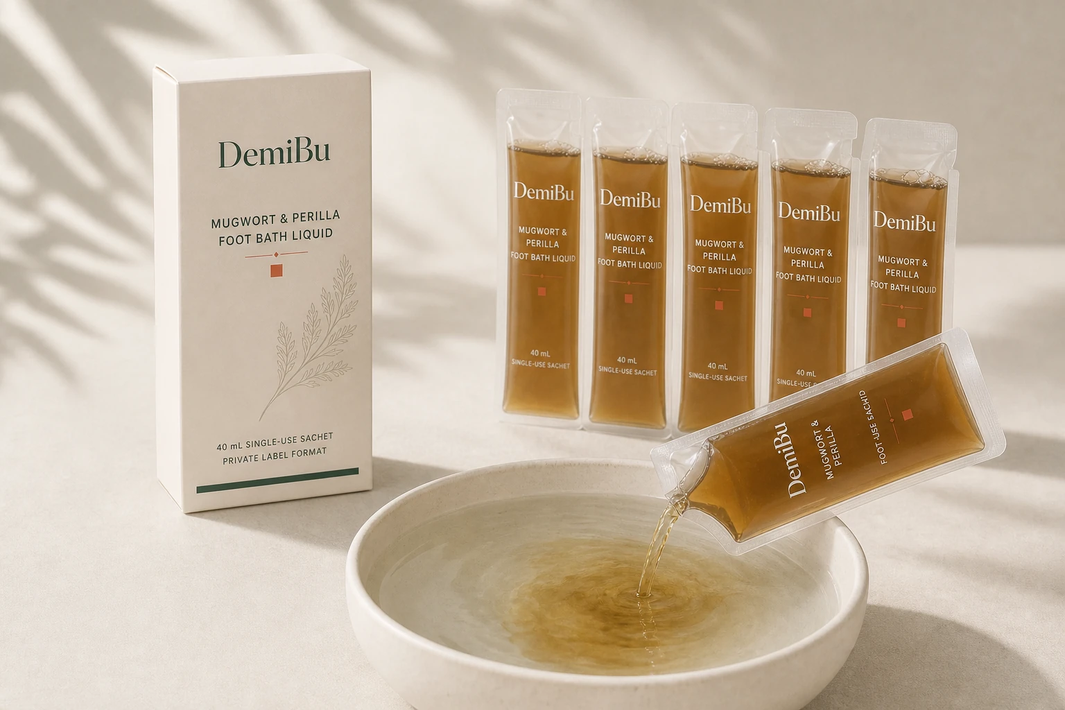 40 ml Mugwort & Perilla Foot Bath Liquid shown as a DemiBu private-label visualization based on a source product reference