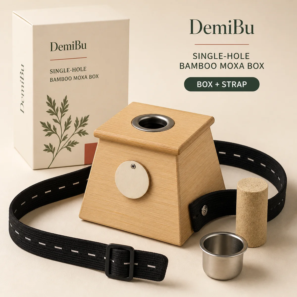 Single-Hole Bamboo Moxa Box with Strap shown as a DemiBu private-label visualization based on a source product reference