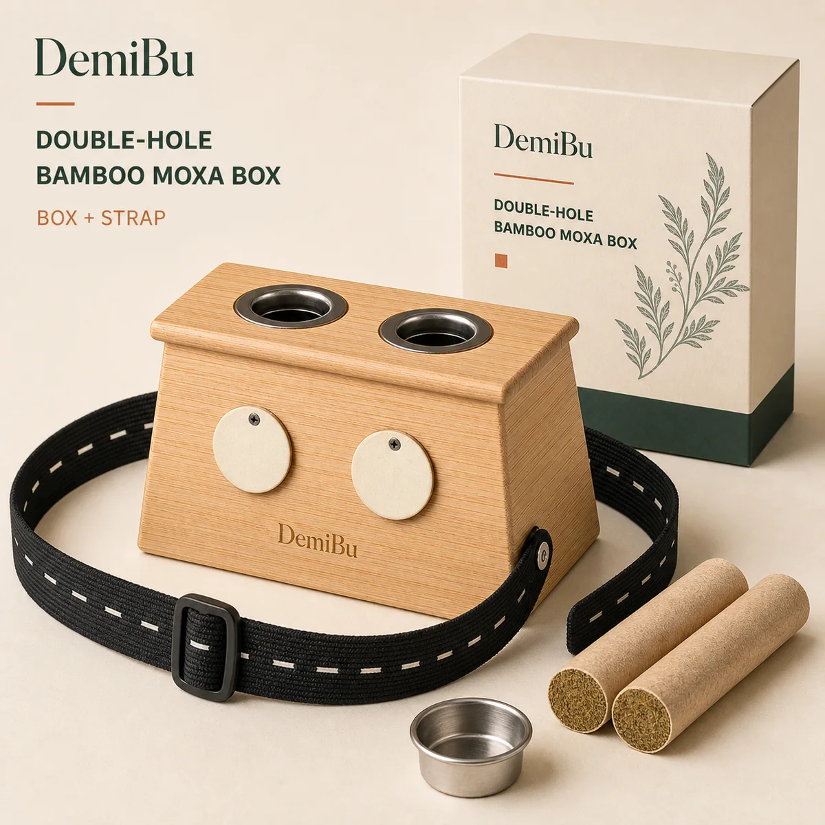 Double-Hole Bamboo Moxa Box with Strap shown as a DemiBu private-label visualization based on a source product reference