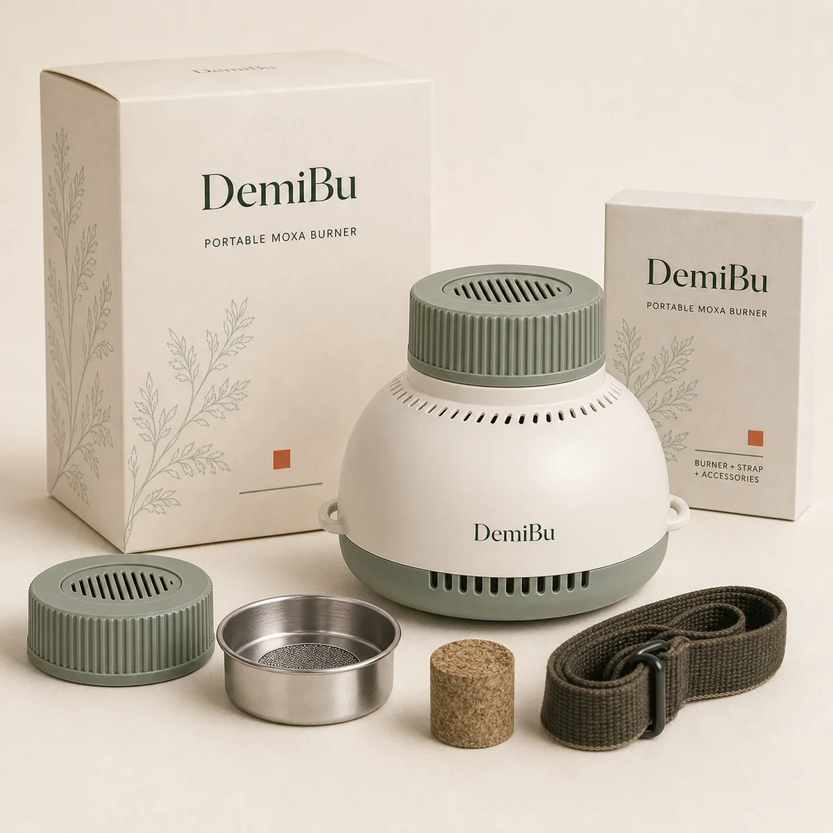 Portable Strapped Moxa Burner Kit shown as a DemiBu private-label visualization based on a source product reference