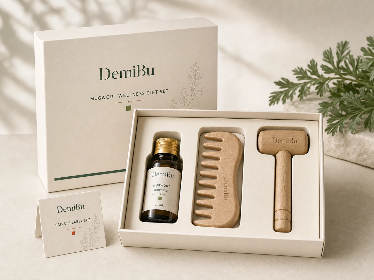 Custom Mugwort Wellness Gift Sets shown as a DemiBu private-label visualization based on a source product reference