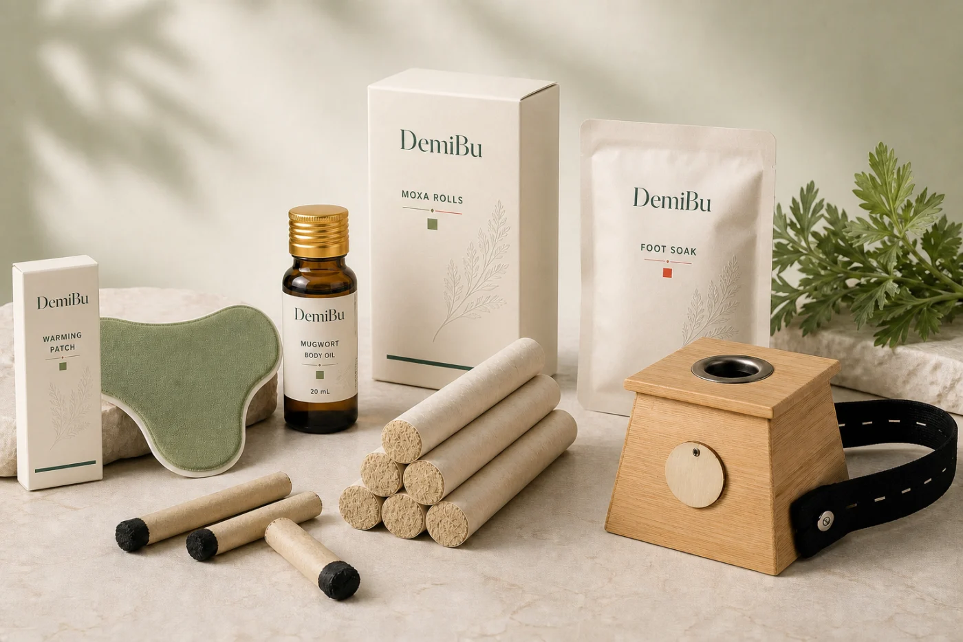 DemiBu private-label visualization showing moxa rolls, smokeless moxa sticks, warming patch, mugwort body oil, foot soak and bamboo moxa box