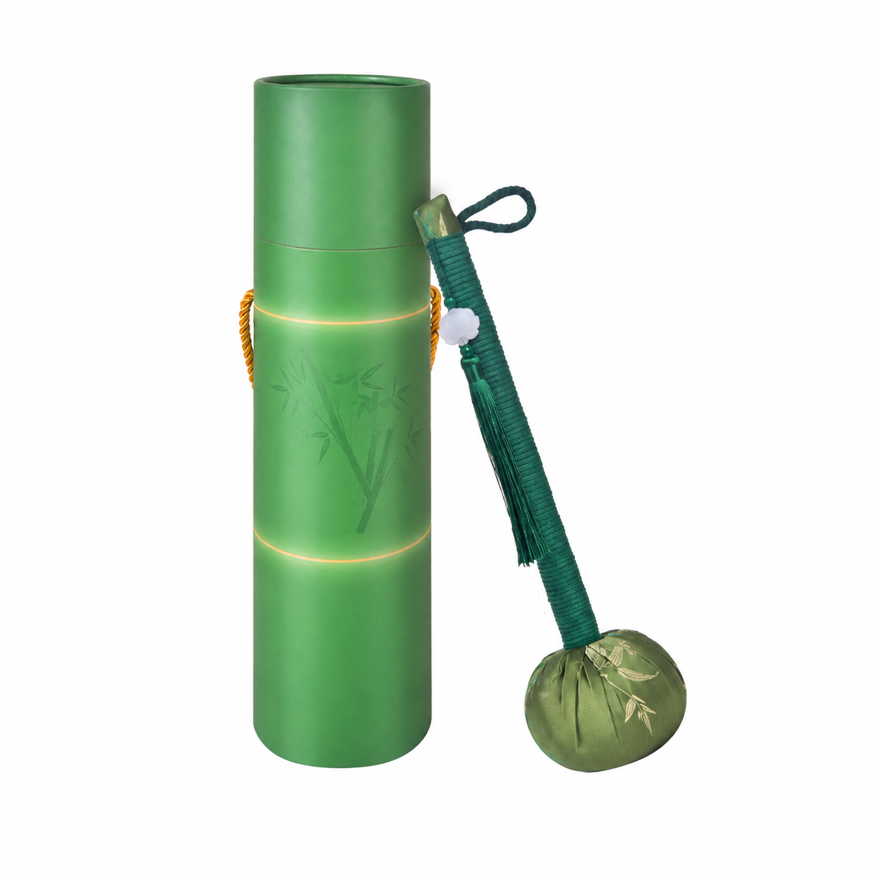 Unbranded visual reference of green bamboo-leaf mugwort hammer and cylindrical carry box; final artwork subject to approval