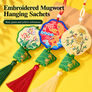 Embroidered Mugwort Hanging Sachets — Three Colors source-backed reference