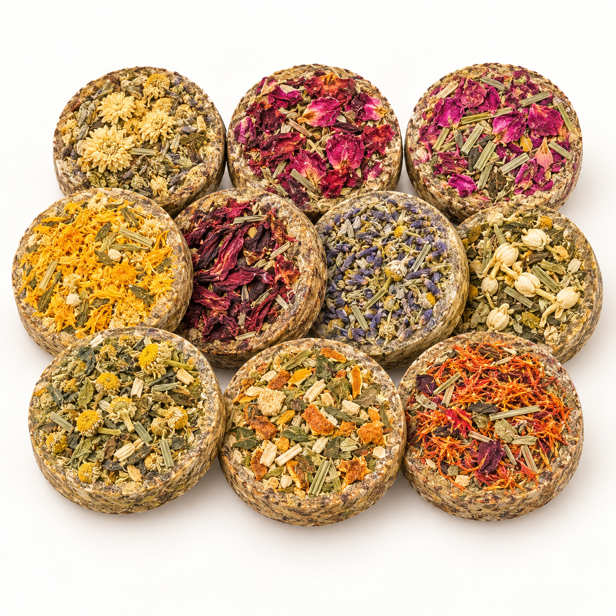 Compressed Botanical Bath Cakes — Ten 9 cm Source Options source-backed reference