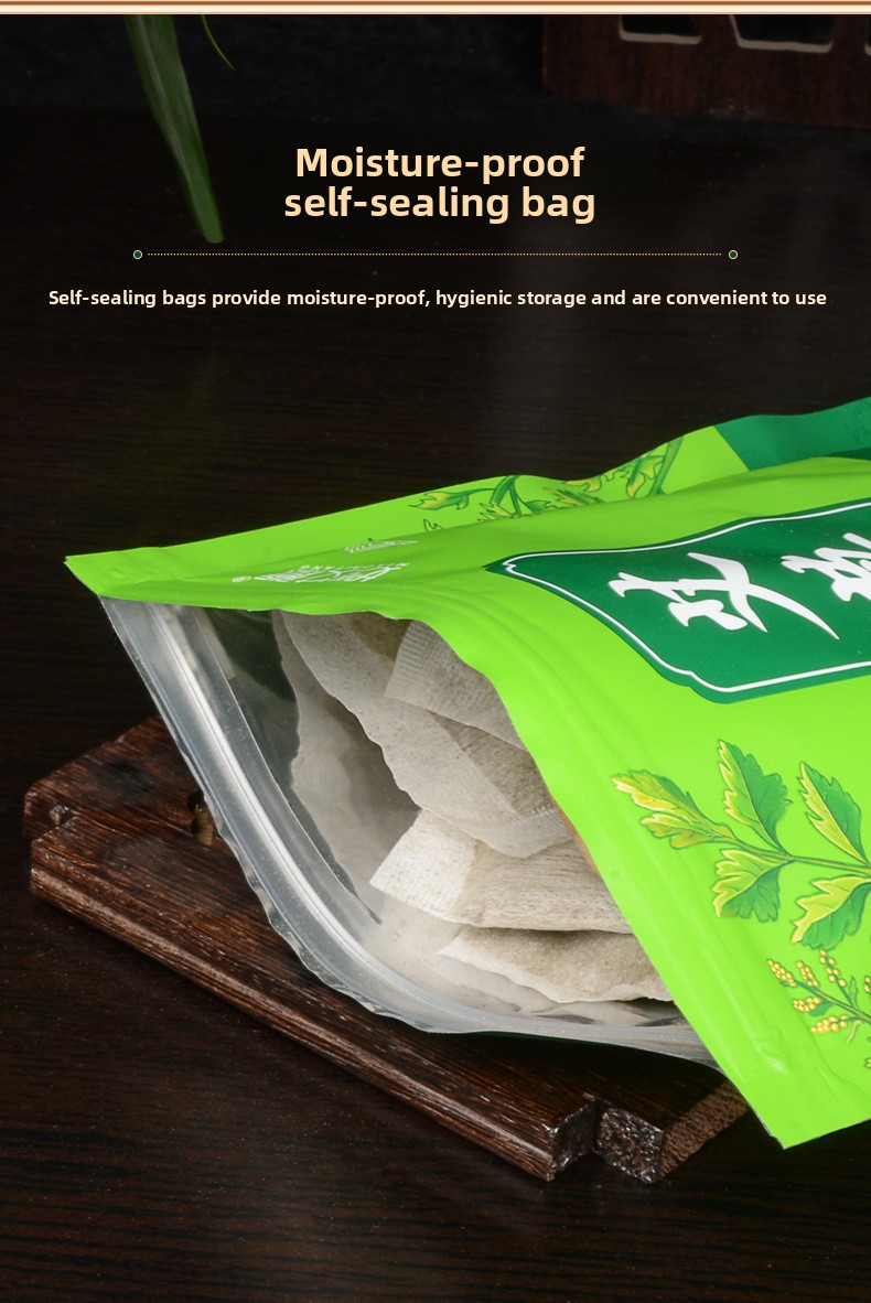Green bag with sachets inside a clear pouch