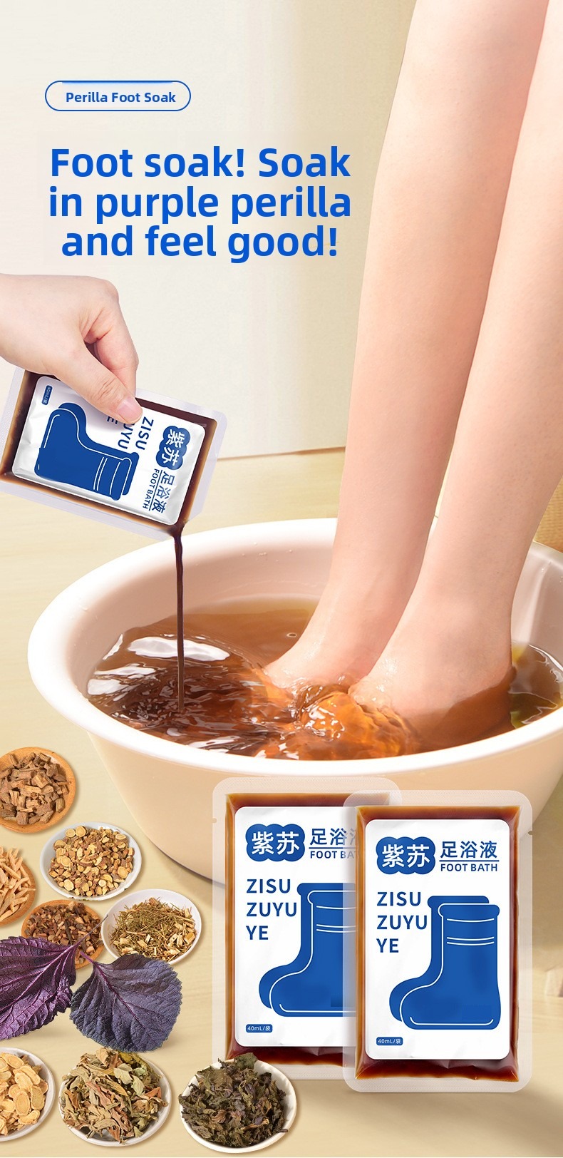 Feet in a basin with sachets and herbs