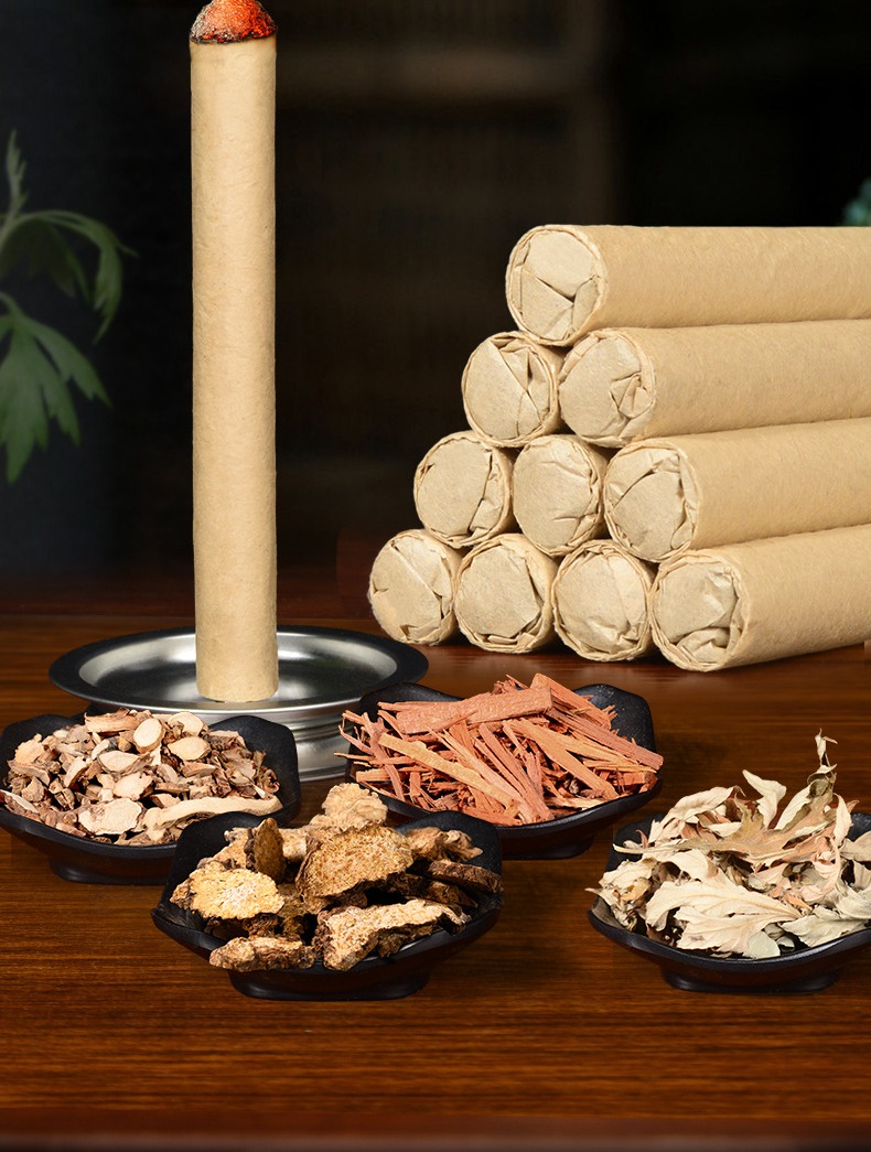 The cangzhu, jiangzhen and shichangpu roll burning on a stand, with the raw botanicals (manufacturer detail photo).