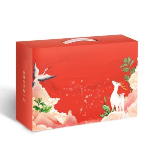 Red gift box with crane and deer artwork