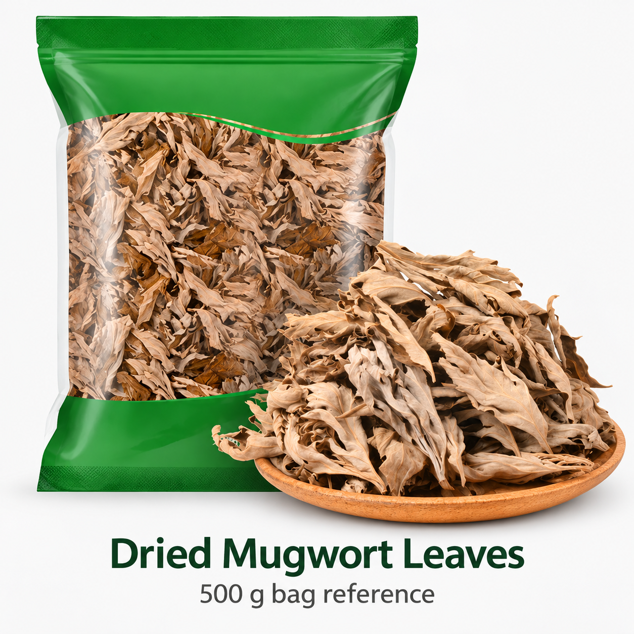 Unbranded 500 g green mugwort bag reference; one of six source formats