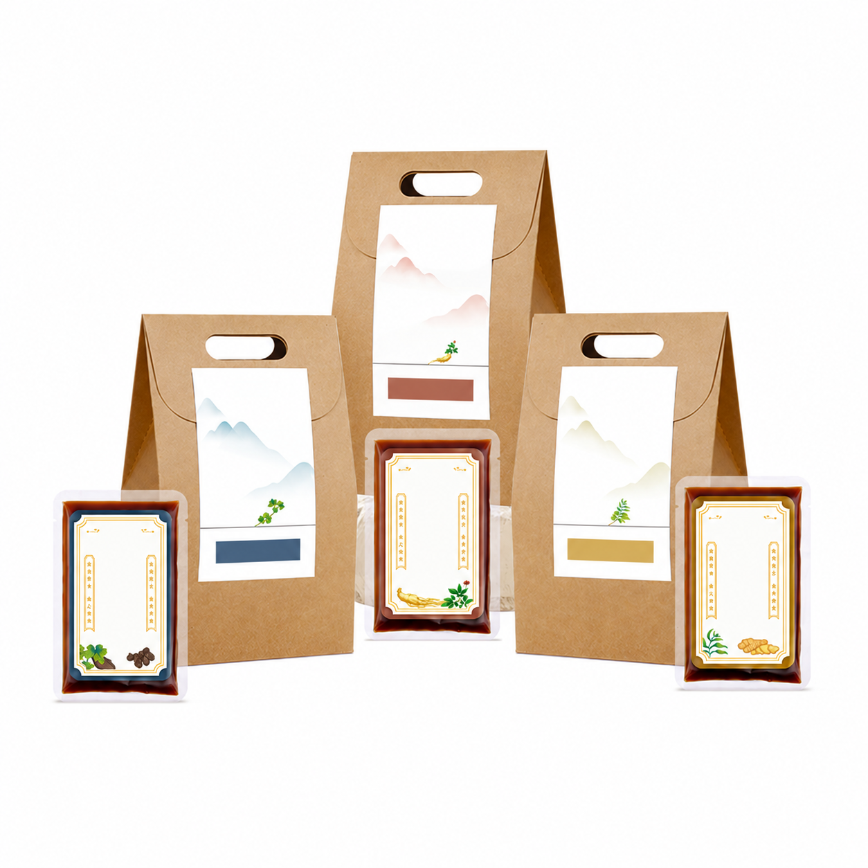 Illustrative debranded edit of the seller three-formula 40 ml sachet and kraft box group