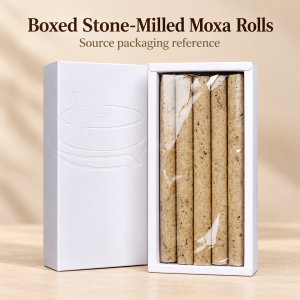 Boxed Stone-Milled Moxa Rolls — Source Packaging Reference; identifying text removed from source reference image.
