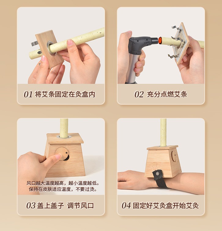 Manufacturer directions for use in a moxibustion box (box not included), with Chinese captions.