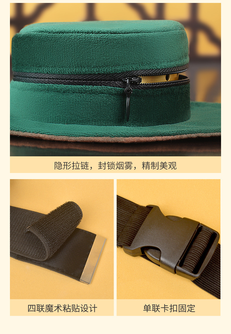 Original seller detail: hidden zipper, single buckle and four-position hook-and-loop closure