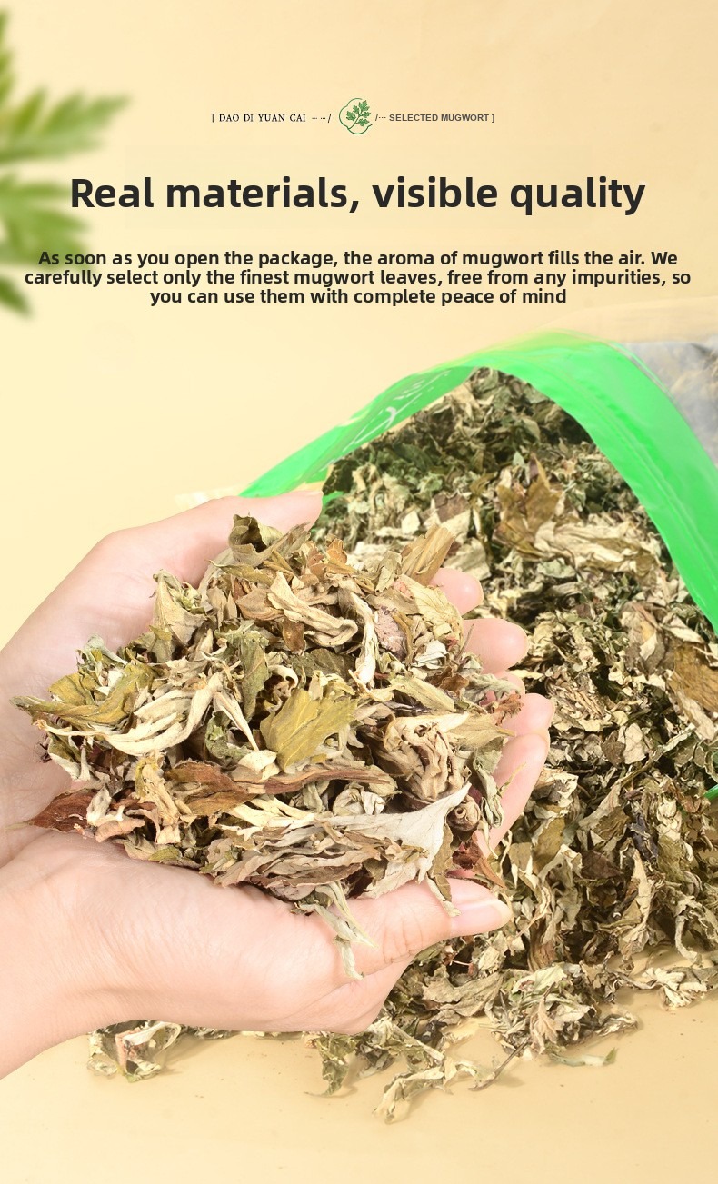 Hands holding dried mugwort from a green bag