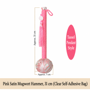 Pink satin mugwort tapping hammer with tassel; seller image shows approximate 31 cm length and 7 cm head